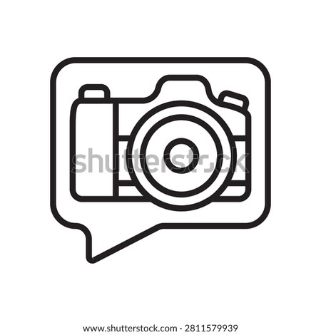 Vector line icon illustration of a digital camera inside a speech bubble, representing a photography blog or forum.