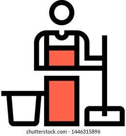 Vector line icon illustration of janitor holding mop and bucket