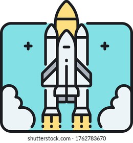 Vector Line Icon Illustration Of Space Shuttle Launch. Rocket Takes Off Into The Sky.
