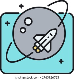 Vector line icon illustration of a spaceship orbiting a planet. Space and astronomy concept.