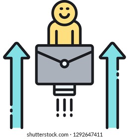 Vector line icon of male with briefcase and up arrows, career advancement illustration concept