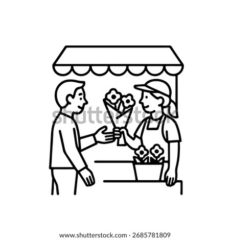 Vector line icon man buying flowers from a street vendor on a white background
Vector line icon on a white background