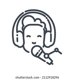 Icono de línea de vector de la cara de un hombre con auriculares y micrófono
