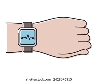 Icono de línea vectorial, mano del hombre con un reloj inteligente. Pulsera de fitness, pulso o presión de medición.