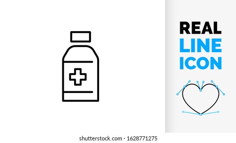 vector line icon of a medicine bottle with a medical cross on the label as a black symbol on a white background