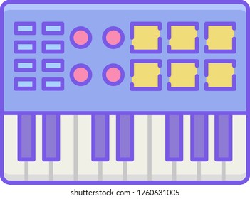 Vector line icon of midi keyboard with volume faders and pads