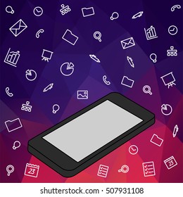 Vector line icon of mobile app. Purple minimal banner with mobile phone.