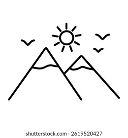 Vector line icon with mountain landscape isolated on white background.	