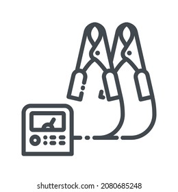 Vector line icon of a multimeter and car battery charger isolated on transparent background. 