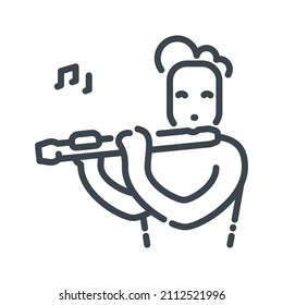 Vector line icon of a musician playing musical instrument. Flute isolated