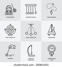 Vector line icon of pendulum types. Newton cradle, metronome, table pendulum, perpetuum mobile, gyroscope. Linear pictogram, logo  for site, brochure of hypnosis, hypnotherapy.