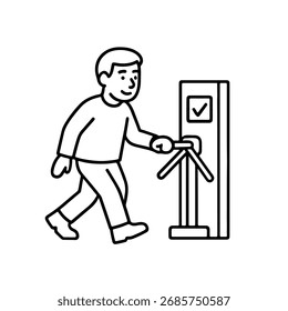 Vektorlinien-Symbol Person durchläuft ein Drehkreuz auf weißem Hintergrund
Vektorliniensymbol auf weißem Hintergrund