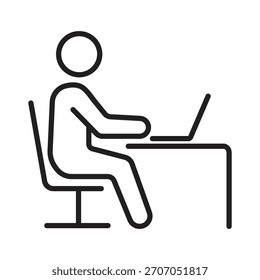 Ícone de linha vetorial de uma pessoa trabalhando em um laptop em uma mesa, representando o trabalho no escritório, o estudo e o trabalho freelance.
