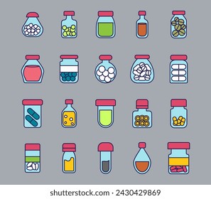 Icono de línea vectorial píldoras en conjunto de botella. Símbolo del esquema del medicamento y comprimido de vitaminas. Farmacéutica en botella y antibiótico de la enfermedad. Sanidad y hospital de virus