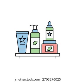 Icono de línea de Vector que representa el cuidado de la piel, la rutina de belleza y los cosméticos de autocuidado. Cuenta con un estante simplificado con varios productos de belleza: tubos de loción, botellas y frascos, que simbolizan el régimen diario