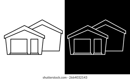 Icono de línea de Vector de casas residenciales o garajes. Gráfico de contorno simple de propiedad suburbana, aislado en fondos blancos y negros.