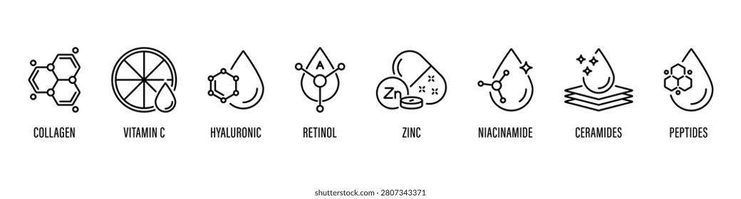 Vector line icon set of active skincare ingredient for cosmetic packaging design on white background, retinol, collagen, vitamin c