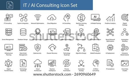 Vector line icon set for IT and AI consulting including data, network, automation, and digital technology concepts
