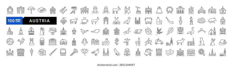 Vector line icon set for Austria, Vienna and Austrian culture for mobile apps and web interfaces. Editable strokes.