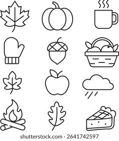 Vector line icon set with autumn and fall-themed elements including maple leaf, pumpkin, hot beverage, mitten, acorn, apple basket, rain cloud, campfire, apple, oak leaf, and slice of pie.