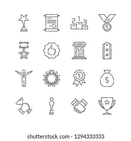 Vector Line Icon Set. Awards Related Linear Icons. Success, Achievment Symbols, Pictograms, Signs. Pixel Perfect Design. Editable Stroke. Adjust Line Weight. Expand to Any Size. Change to Any Color.