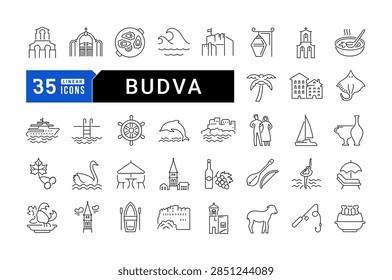 Vector line icon set for Budva, Montenegro travel and Adriatic tourism for mobile apps and web interfaces. Editable strokes.