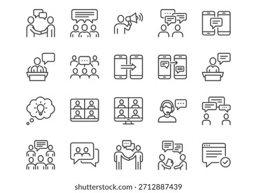 Conjunto de iconos de línea de Vector de comunicación comercial. Incluye personas, burbujas de voz, teléfonos, llamadas de conferencia y conceptos de trabajo en equipo. Blanco y negro, diseño limpio y moderno.