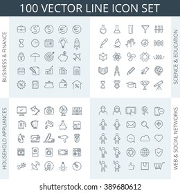 Vector line icon set. Business, education, financial, science, school, household appliances, social networks, media and internet icons. Suitable for infographics, web graphics, presentations.