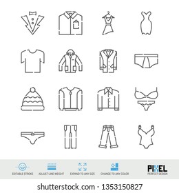 Vector Line Icon Set. Clothes Related Linear Icons. Garments Symbols, Pictograms, Signs. Pixel Perfect Design. Editable Stroke. Adjust Line Weight. Expand to Any Size. Change to Any Color.