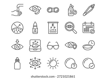 Conjunto de iconos de línea de Vector para el cuidado de las lentes de contacto y la salud ocular. Incluye símbolos para lentes, limpieza, solución, examen ocular y visión. Diseño de contorno negro simple.