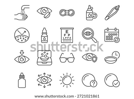 Vector line icon set for contact lens care and eye health. Includes symbols for lenses, cleaning, solution, eye exam, and vision. Simple black outline design.