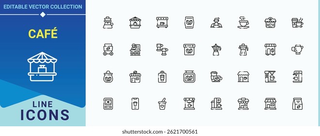 Café vector line icon set. Contain linear sign cup, food, restaurant, shop, breakfast and more. Coffee Shop icon set. Thin linear style icons. Vector collections.