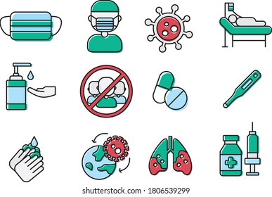 Vector Line Icon Set of Corona Virus or COVID19 including mask, doctor, virus, hospital ward, patient, vitamin, wash hand and more