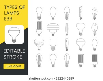 Vector line icon set depicting lamps with E39 base, editable stroke