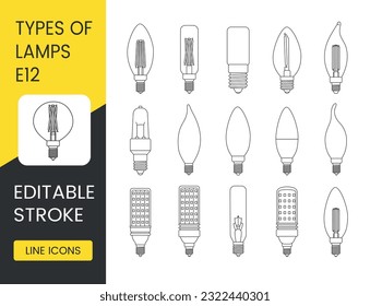 Vector line icon set depicting lamps with E12 base, editable stroke