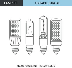 Vector line icon set depicting lamps with E11 base, editable stroke

