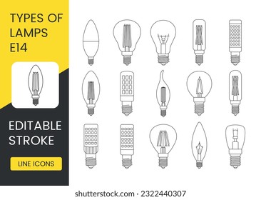 Vector line icon set depicting lamps with E14 base, editable stroke

