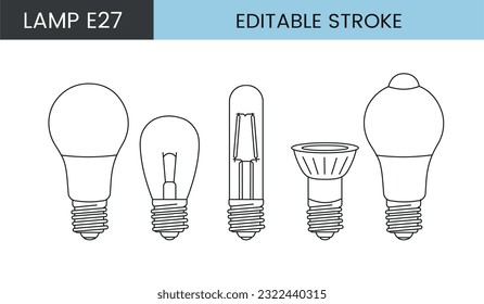 Vector line icon set depicting lamps with E27 base. Editable stroke
