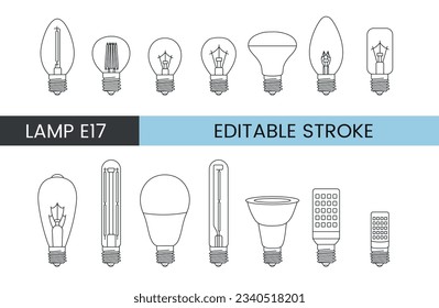 Vector line icon set depicting lamps with E17 base