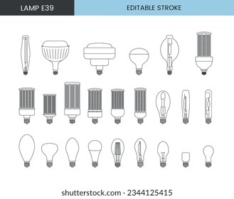 Vector line icon set depicting lamps with E39 base