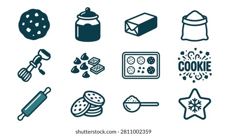 Vector line icon set depicting cookie baking ingredients and tools including flour, butter, chocolate chips, rolling pin, hand mixer, baking tray, cookie jar, and various biscuit shapes.