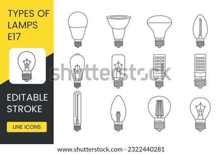Vector line icon set depicting lamps with E17 base, editable stroke
