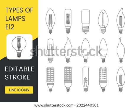 Vector line icon set depicting lamps with E12 base, editable stroke