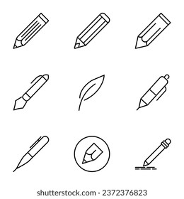 Juego de iconos de línea de vectores para diseño, aplicaciones, banners, sitios web. trazos editables. Esbozo de los símbolos de plumas, lápices, plumas para trabajar y estudiar 