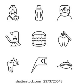 Juego de iconos de línea de vectores para diseño, aplicaciones, banners, sitios web. trazos editables. Símbolo de esquema de dentista, enjuague bucal, doctor, dientes, caries, hilo dental, sonrisa 