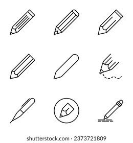 Vector line icon set for design, apps, banners, web sites. Editable strokes. Outline symbols of various pencils and pens for study and working 