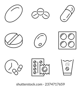 Vector line icon set for design, apps, banners, web sites. Editable strokes. Outline symbols of contraception, pills, effervescent tablets