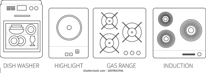 
Icono de línea de vectores Set de lavavajillas, gas, inducción, reserva eléctrica y más.