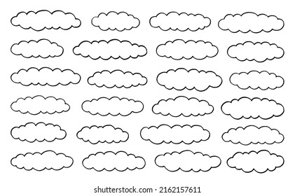 Сloud vector line icon set. Doodle outline simple sky. Sketch cartoon illustration. Hand drawn bubble shape art, white background. Think linear weather flat black pattern. Cloud chat vector isolated