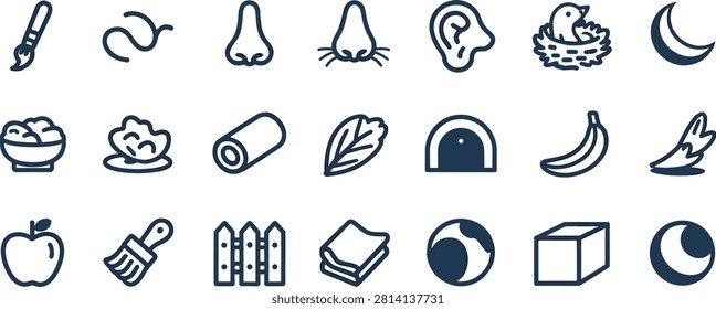Vector line icon set featuring brush, nose, ear, bird nest, moon, apple, fence, banana, globe, and various outline symbols, isolated white background.